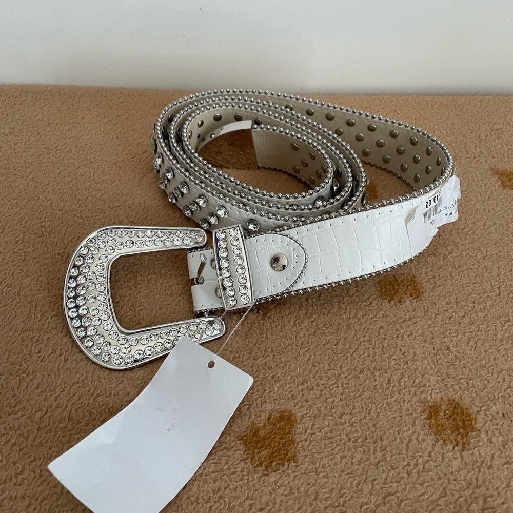 White Leather Belt with Silver Ornate Buckle